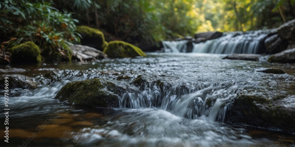 Fototapeta premium A small waterfall cascading into a forest stream where someone is taking a refreshing but bonechilling ice plunge.