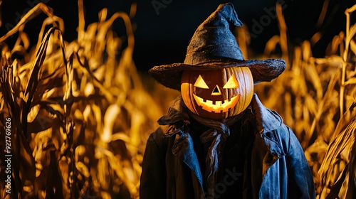 Scary scarecrow with a pumpkin head wearing a hat and coat standing in a night cornfield Spooky Halloween holiday concept and background photo