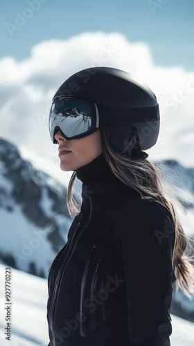 Woman in black ski gear wearing a helmet and goggles against a snowy mountain backdrop