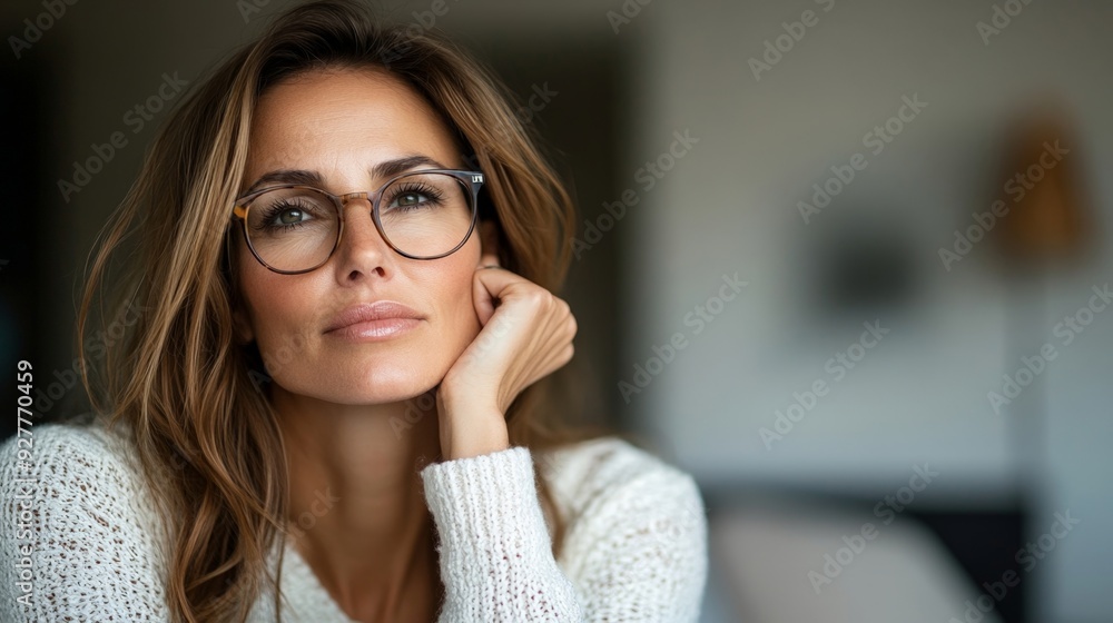 Contemplative Woman with Glasses in Modern Home Interior Contemplative Woman with Glasses in Modern Home Interior