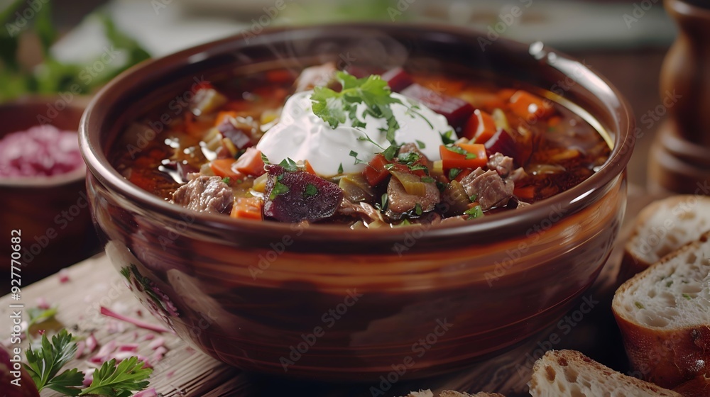 Soups borsch with duck beets and cabbage served Soups borsch with duck beets and cabbage served