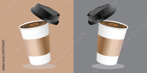 Isolated on white background disposable kraft brown, white paper coffee cup with cap icon set, designed coffee grain.  Realistic set paper coffee cups on white background. 3D vector mockup - stock vec