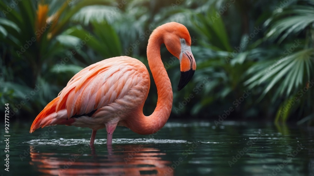 Obraz premium Pink flamingo surrounded by tropical palm leaves, vibrant and colorful exotic bird, nature and wildlife concept.