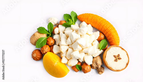 Potassium food sources, top view isolated with white highlights, png