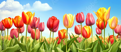 Vector of Tulips Field Blue Sky