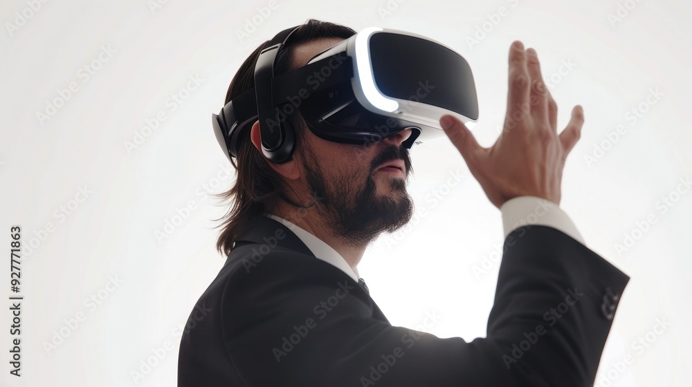 Man Wearing VR Headset Experiencing Virtual Reality Man Wearing VR Headset Experiencing Virtual Reality