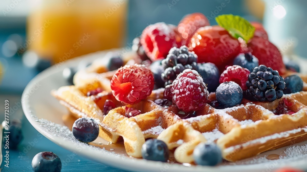 Freshly baked waffle with powdered sugar, topped with blueberries, raspberries, and blackberries, served with syrup. Freshly baked waffle with powdered sugar, topped with blueberries, raspberries, and blackberries, served with syrup.