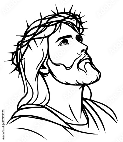 Jesus Christ in the crown of thorns looks up with hope, black linear vector