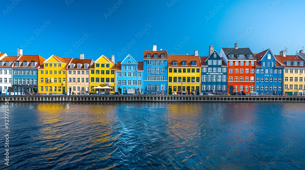 Obraz premium Colorful houses by the canal with reflection in blue water.
