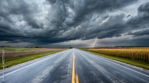 The highway leading directly to the approaching storm