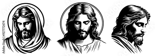 sad pensive face of Jesus Christ vector black engraving printing and laser cutting