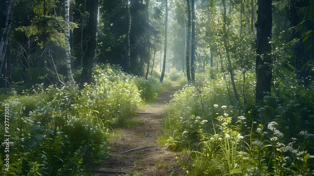 Fototapeta premium The finland trail is surrounded by lush greenery