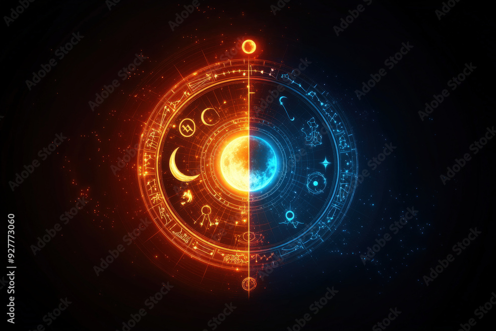 Glowing astrological chart depicting zodiac signs, planets, and celestial elements on a dark background Glowing astrological chart depicting zodiac signs, planets, and celestial elements on a dark background