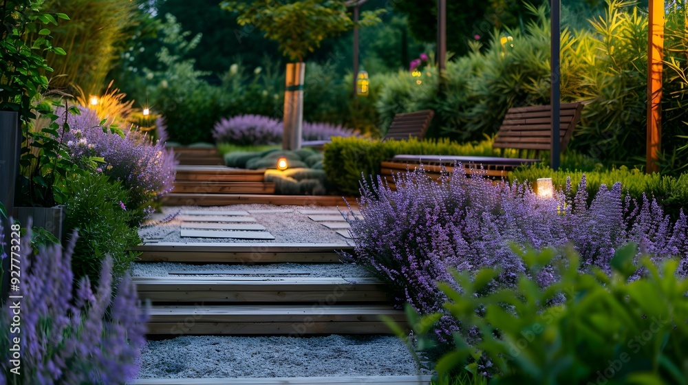 A stepped path surrounded by bushes and flowers A stepped path surrounded by bushes and flowers