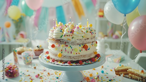 Birthday cake with candles and colorful sprinkles on a white table with colorful balloons in the background.