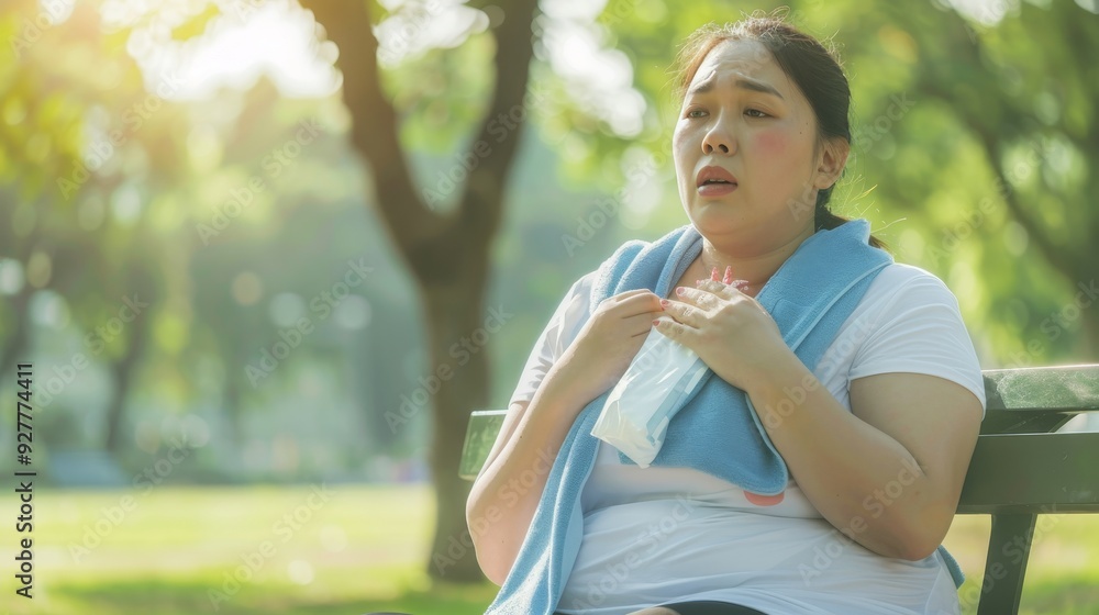 Overweight Asian Woman Resting on Park Bench After Exercise Session. Overweight Asian Woman Resting on Park Bench After Exercise Session.