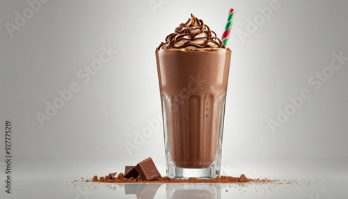 Milk chocolate cocktail in a traditional tall glass with a straw on a plain light background. Cold drink, delicious dessert.