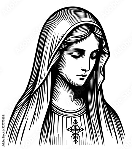 classic illustration of the Our Lady Virgin Mary in peaceful reflection