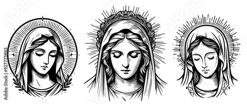 three serene images of Our Lady Virgin Mary in prayer and devotion
