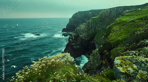 The cliffs of cornwall rise above the sea