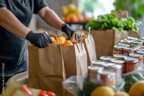 Volunteer wearing black gloves packing fresh oranges for donation into a paper bag