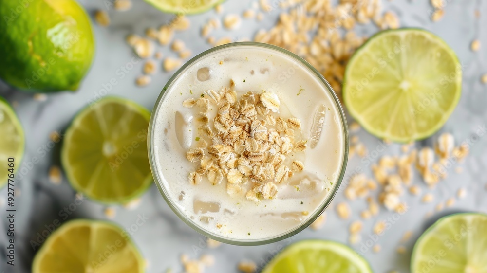 glass of oatzempic drink surrounded by lime slices and oat flakes, highlighting nutritional benefits glass of oatzempic drink surrounded by lime slices and oat flakes, highlighting nutritional benefits