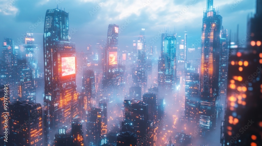 Fototapeta premium Futuristic Cityscape with Neon Lights