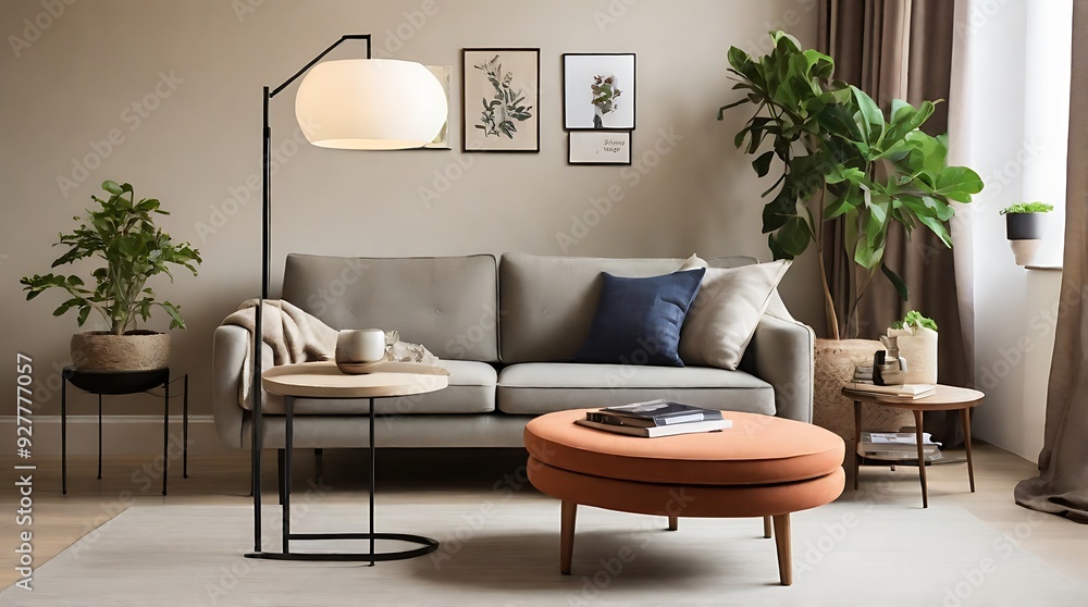 Fototapeta premium To the left of the sofa, there is a modern floor lamp and a mid-century modern armchair with a matching footstool.