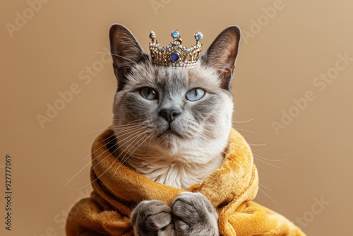 Royal Feline Majesty: A regal Siamese cat with piercing blue eyes sits majestically in a plush yellow robe, adorned with a glittering crown. The portrait captures the cat's aloof and regal demeanor, h