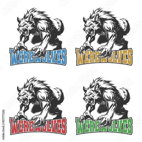 Werewolves Illustration Clip Art Design Shape. Mascot Silhouette Icon Vector.