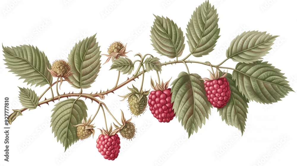 A detailed illustration of a raspberry branch with ripe red berries, green leaves, and thorns. A detailed illustration of a raspberry branch with ripe red berries, green leaves, and thorns.