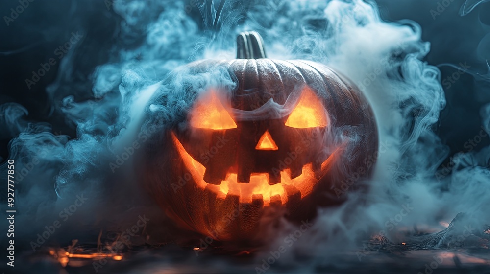 Fototapeta premium glowing jack-o'-lantern emerges from swirling smoke, creating a spooky and atmospheric Halloween scene