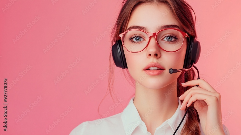 A focused customer service representative assisting a customer over the phone, with a calm expression and a light solid color background A focused customer service representative assisting a customer over the phone, with a calm expression and a light solid color background