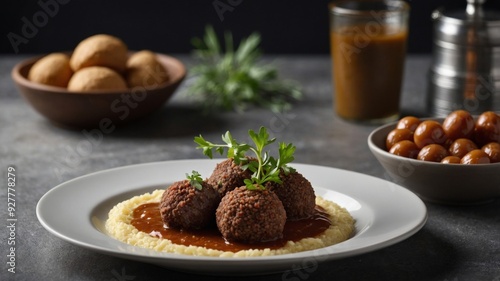 image space copy enticing an in features sauce butter delectable a with served kibbeh boiled named dish gourmet A.