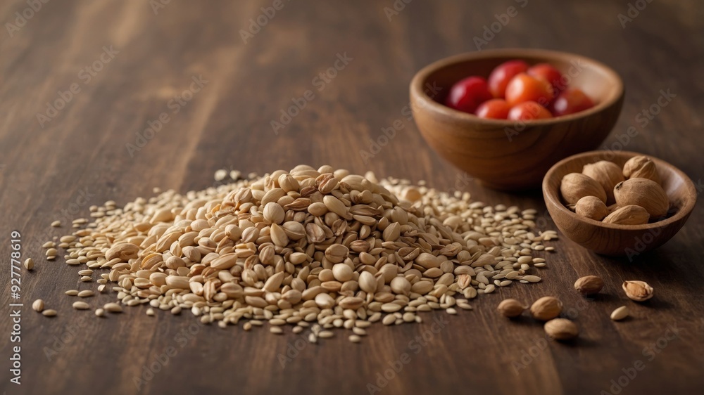 concept superfoods and eating Healthy close-up minimalistic background, beige on walnut single A. concept superfoods and eating Healthy close-up minimalistic background, beige on walnut single A.
