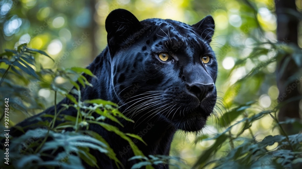 Double Exposure Mysterious Black Panther Silhouetted in Forest. Double Exposure Mysterious Black Panther Silhouetted in Forest.