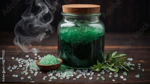 Aromatherapy foot soak in a glass jar with green bath salts Winter spa concept on dark wooden background. photo