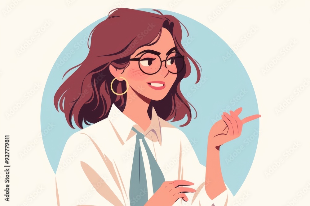 Circular Flat Vector Illustration of an Adult Female Teacher with Glasses and Brown Hair, Wearing a White Shirt and Tie, Gesturing While Talking Circular Flat Vector Illustration of an Adult Female Teacher with Glasses and Brown Hair, Wearing a White Shirt and Tie, Gesturing While Talking