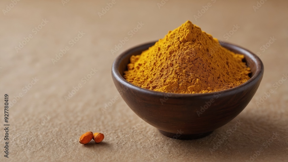 A small glass bowl of turmeric root powder on light brown mulberry paper with a copy space image displayed. A small glass bowl of turmeric root powder on light brown mulberry paper with a copy space image displayed.