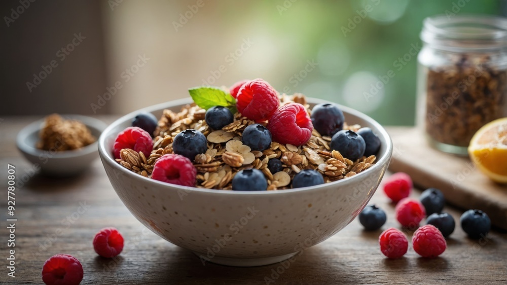 healthy breakfast bowl with muesli and berries. healthy breakfast bowl with muesli and berries.