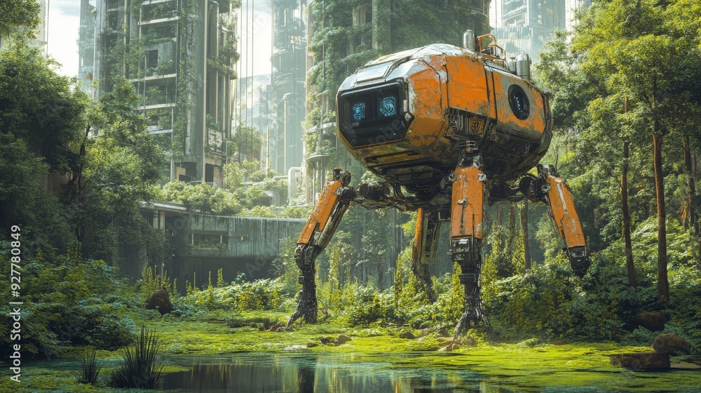 A rusted, orange, mechanical walker stands in a forest clearing with a stream in the foreground. The walker is in front of an abandoned, overgrown city.