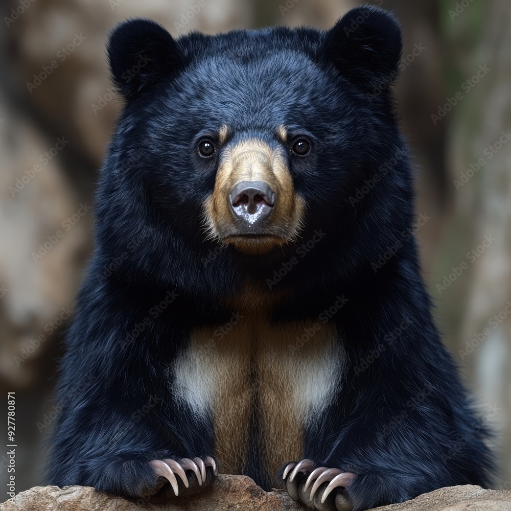 Close-Up of a Spectacled Bear Sitting on a Rock with a Focused Expression and Detailed Fur Texture in a Natural Habitat