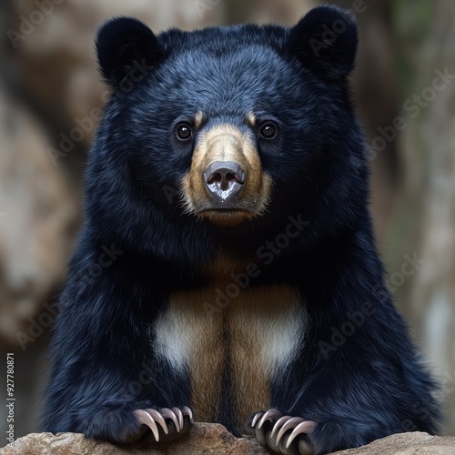 Close-Up of a Spectacled Bear Sitting on a Rock with a Focused Expression and Detailed Fur Texture in a Natural Habitat