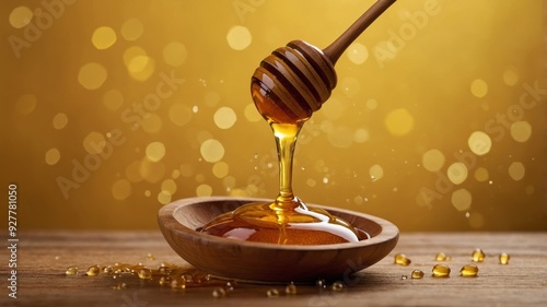 honey dripping from a wooden honey dripper over yellow background. photo