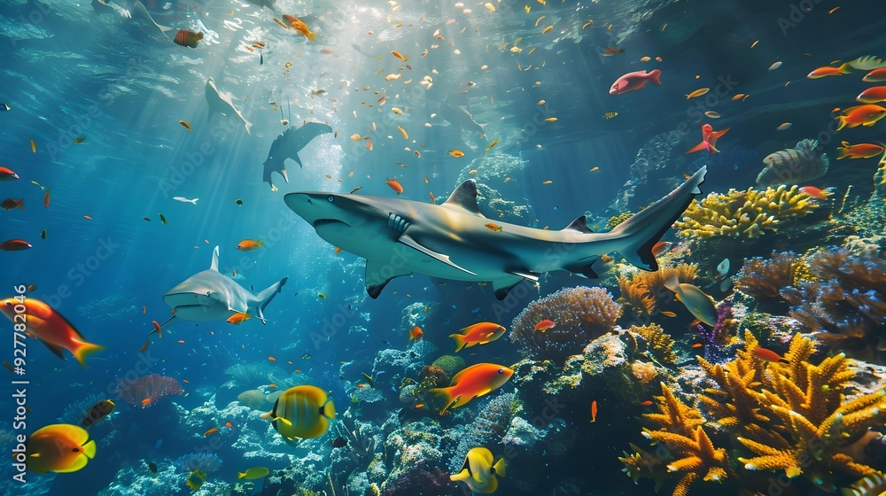 Obraz premium Sharks swimming gracefully among the coral reefs
