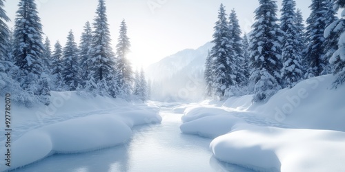 Wallpaper Mural Enchanting Winter Wonderland: Snow-Covered Pine Trees and Serene Icy River Landscape Amidst Mountainous Backdrop and Soft Sunlight Torontodigital.ca