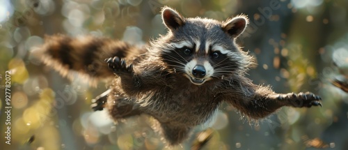 Raccoon mid-air, appearing to fly through a forest with autumn colors.