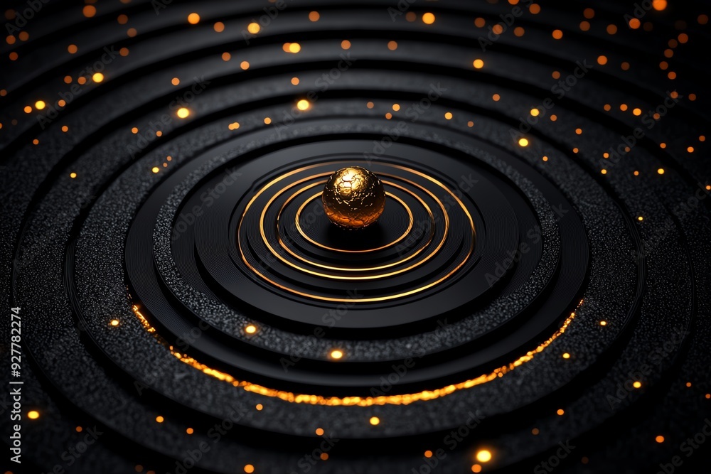 Obraz premium Abstract black and gold concentric circles with a sphere in the center and glowing particles.