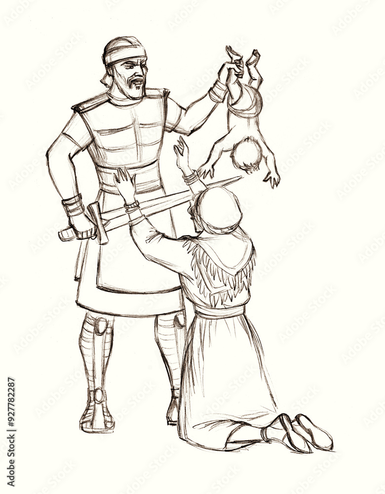 Pencil drawing. A warrior with a sword kills a baby Pencil drawing. A warrior with a sword kills a baby