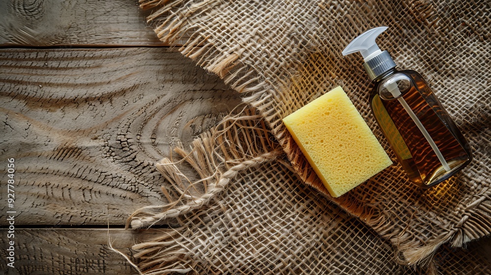 Close Up of Yellow Sponge and Spray Bottle on Brown Jute Rug. Close Up of Yellow Sponge and Spray Bottle on Brown Jute Rug.